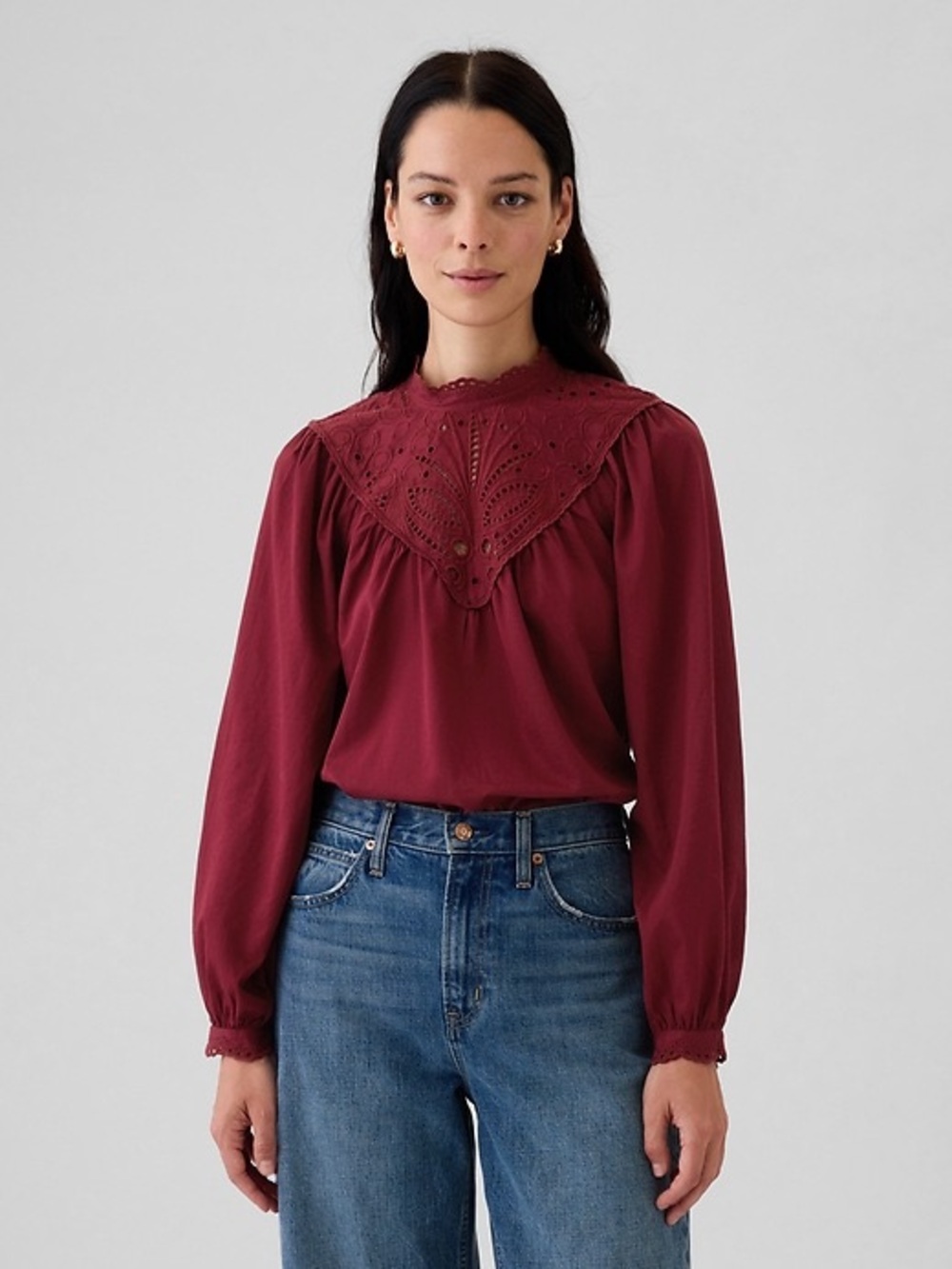 Cupio Burgundy Lace Yoke Long-Sleeve Blouse